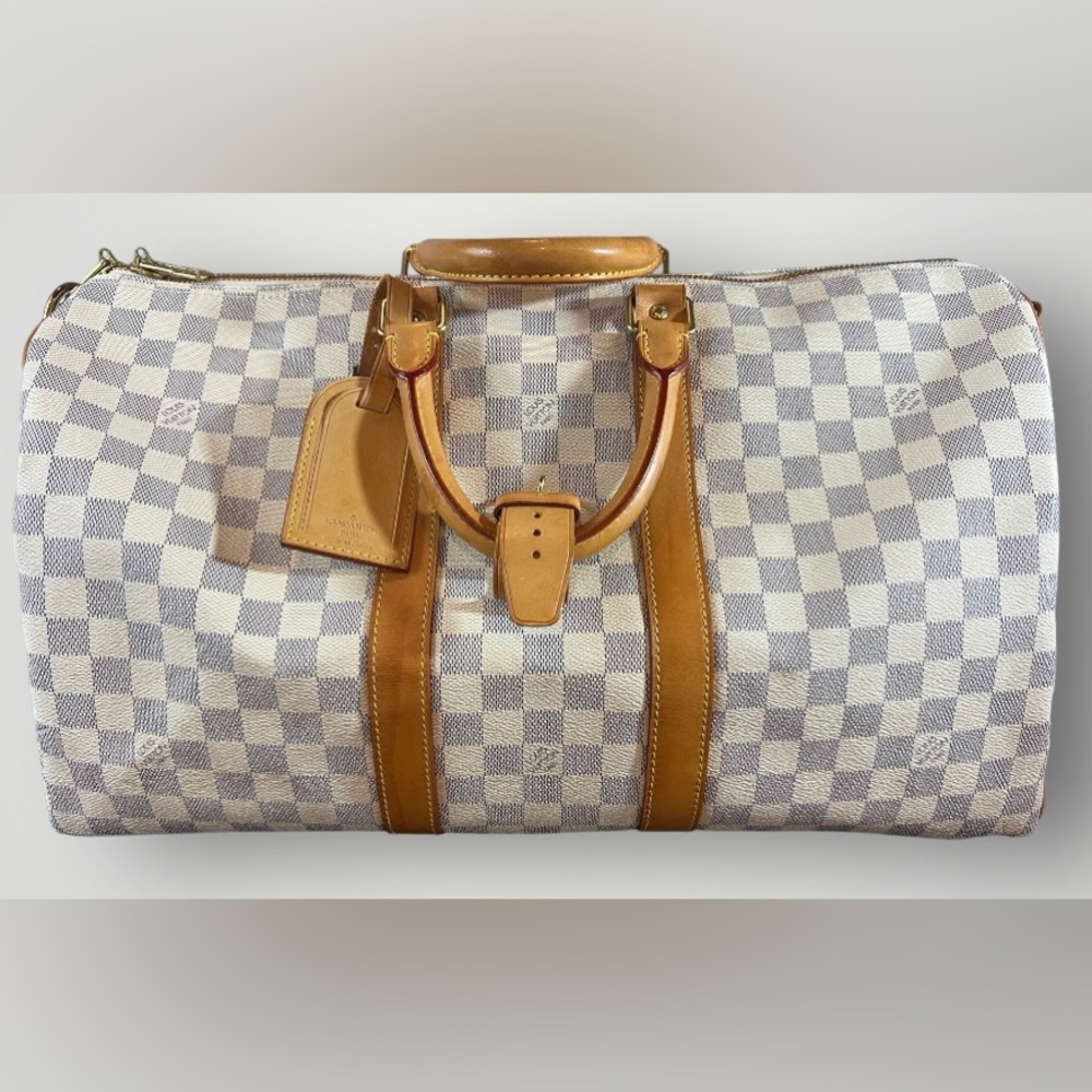 Louis Vuitton Keepall Bandouliere 45 White Damier Azur Canvas Satchel Bag DU0171